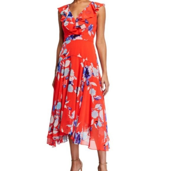 Eliza J Dresses & Skirts - Eliza J floral Ruffle Midi Dress v neck Orange Red
